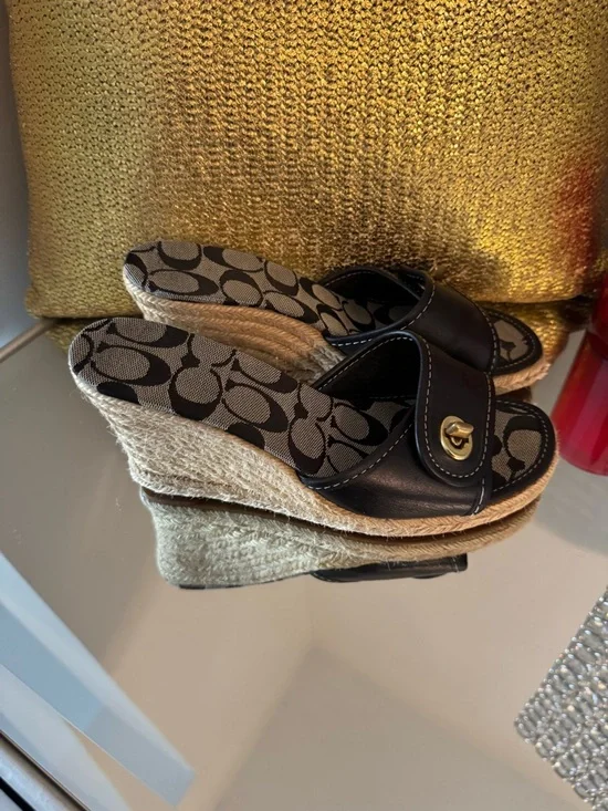 Coach Black Leather Wedge Sandals in Signature Print with Turn Lock Buckle - Picture 2 of 8